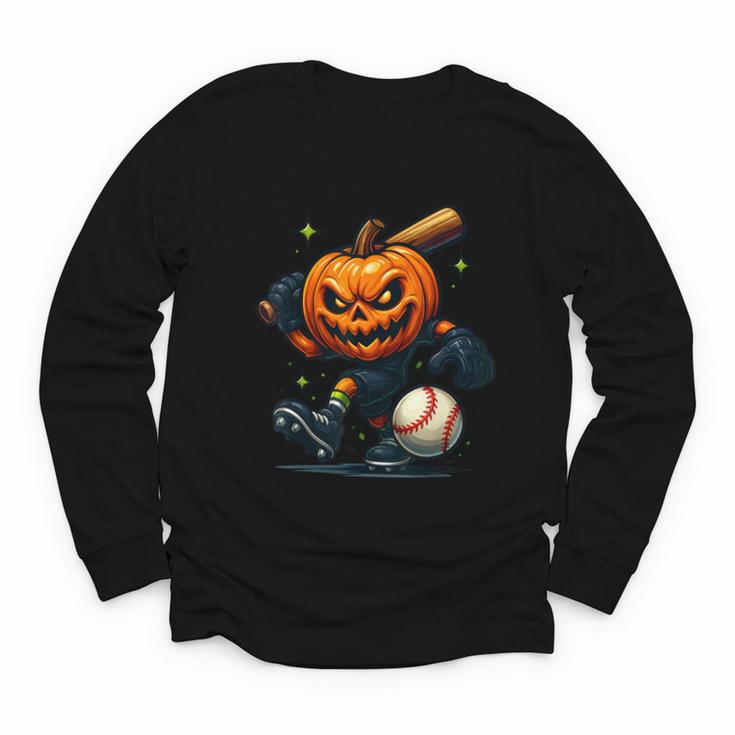 Spooky Halloween Scary Pumpkin Baseball Player Witchy Vibes Youth Long Sleeve Tee