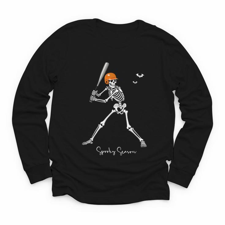 Spooky Season Skeleton Baseball Player Halloween Batter Youth Long Sleeve Tee