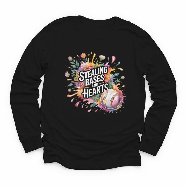 Stealing Bases And Hearts Baseball Puns Sports Youth Long Sleeve Tee