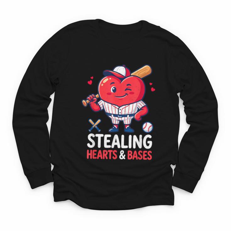 Stealing Hearts And Bases Baseball Player Valentine's Day Youth Long Sleeve Tee