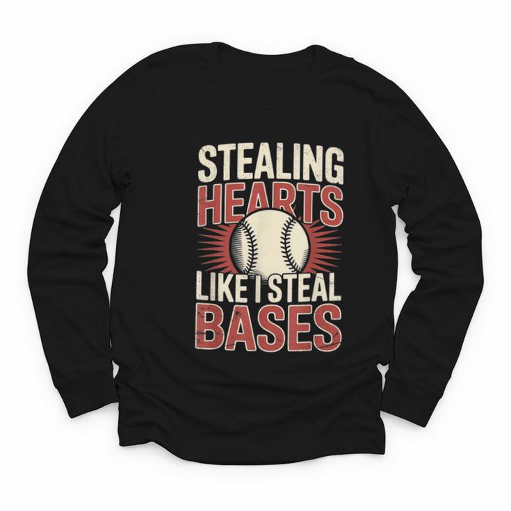 Stealing Hearts Like I Steal Bases Baseball Valentine Retro Youth Long Sleeve Tee
