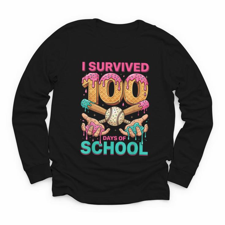 I Survived 100 Days Of School Baseball Ice Cream Drip Youth Long Sleeve Tee