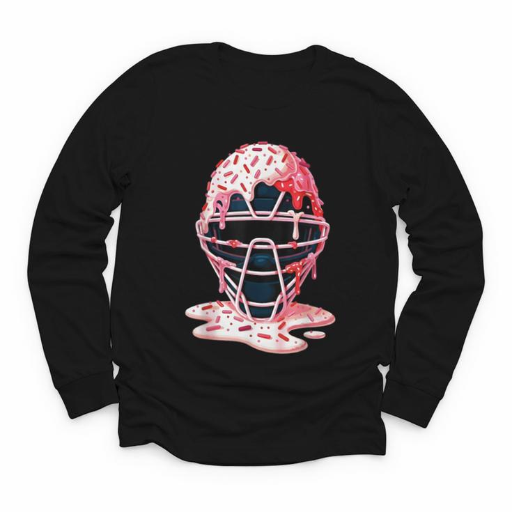 Valentine Baseball Catcher Mask Ice Cream Drip Tee For Boys Youth Long Sleeve Tee