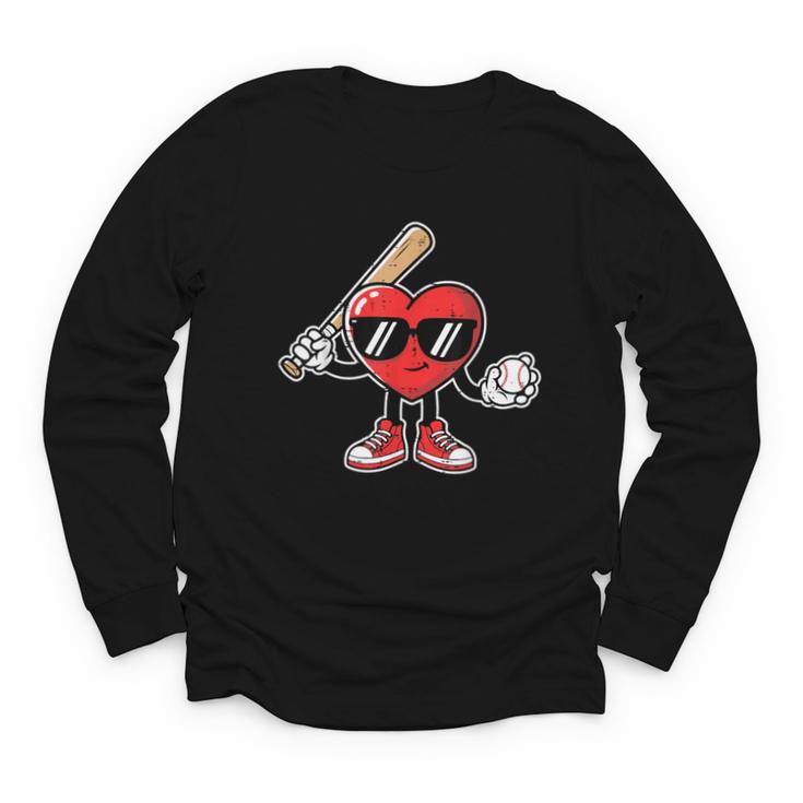Valentines Day Heart Baseball Player Sports Boys Kids Men Youth Long Sleeve Tee