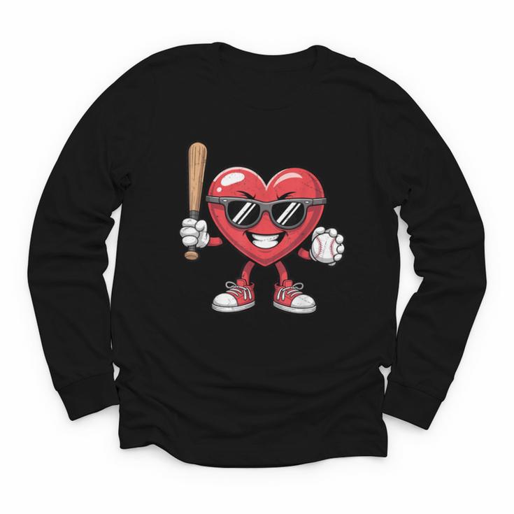 Valentines Day Heart Playing Baseball Boys Men Kids Girls Youth Long Sleeve Tee