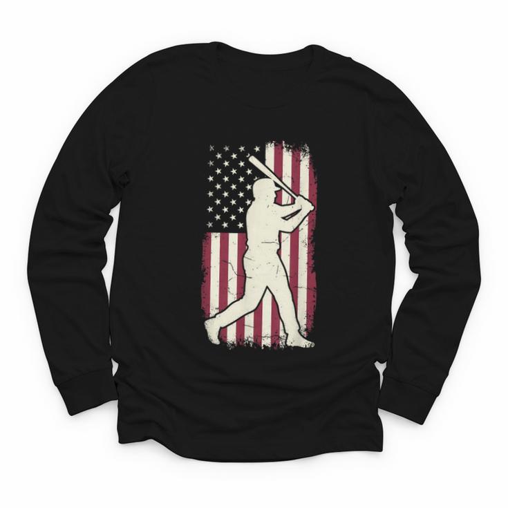 Vintage American Flag Baseball Batter Patriotic Home Run Youth Long Sleeve Tee