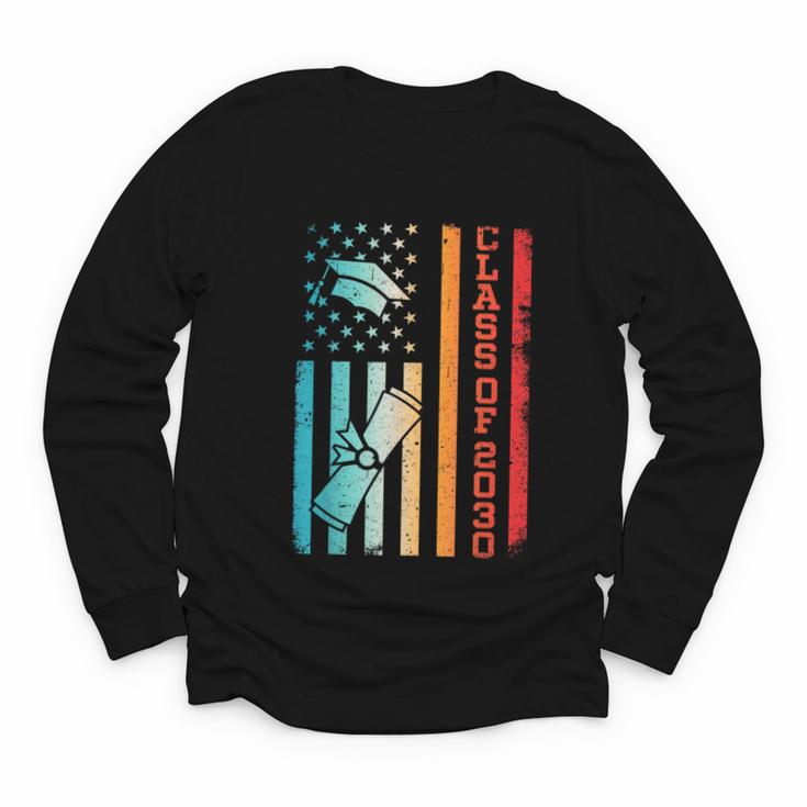 Vintage Class Of 2030 Graduation Back To School USA Flag Youth Long Sleeve Tee