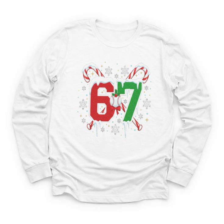 67 Baseball Christmas Candy Cane Snowflake Holiday Sports Youth Long Sleeve Tee