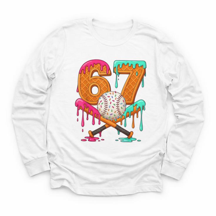 67 Ice Cream Drip Baseball Number 67 Player 67th Birthday Youth Long Sleeve Tee