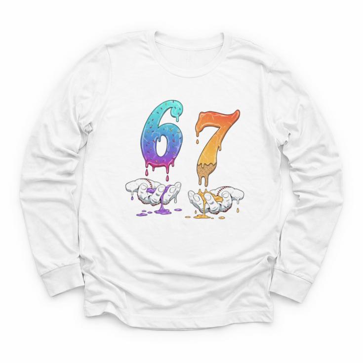 67 Meme Baseball Kids Girls Humor Number 6 7 Youth Long Sleeve Tee