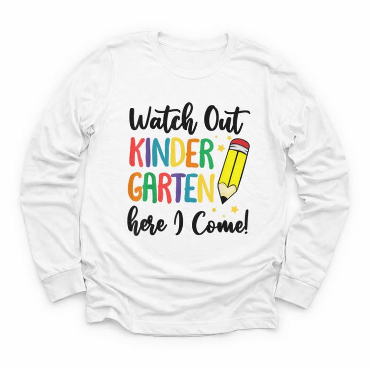 Back To School Kids Watch Out Kindergarten Here I Come Youth Long Sleeve Tee