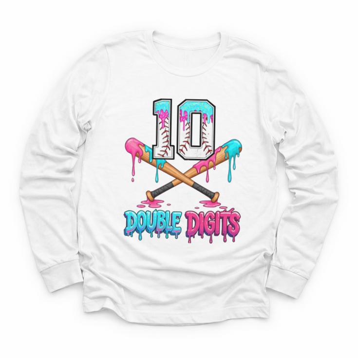 Baseball 10 Year Old Ice Cream Drip 10th Bday Double Digits Youth Long Sleeve Tee