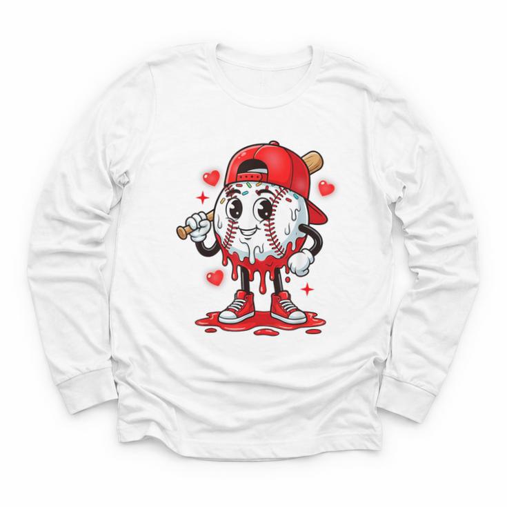 Baseball Ice Cream Valentine Dripping Game Day Men Boys Kids Youth Long Sleeve Tee