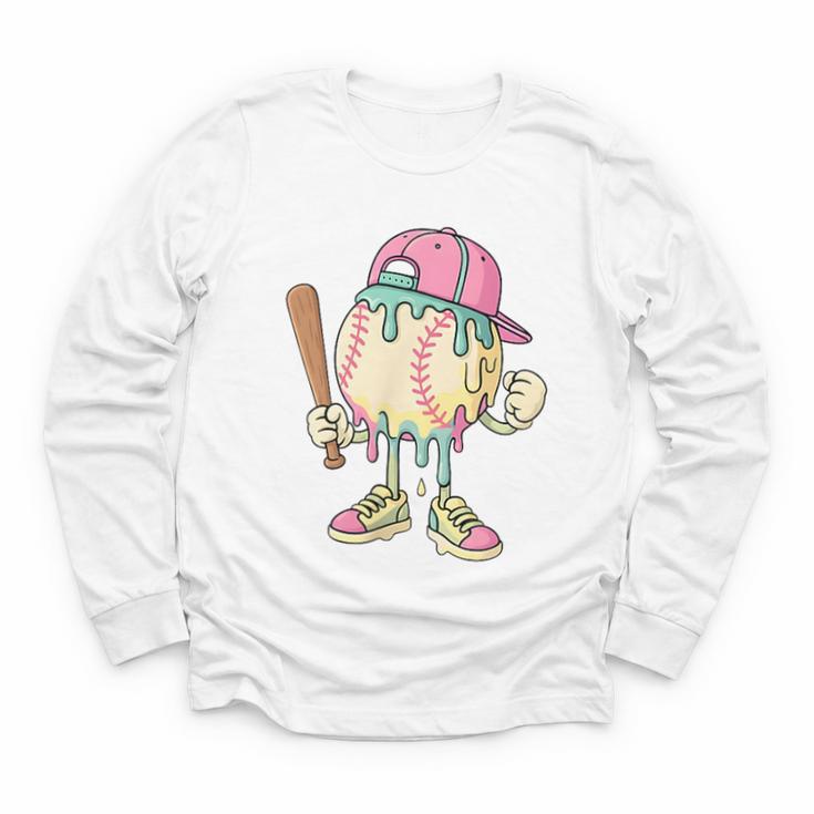 Cute Baseball Ice Cream Drip For Girls & Boys 2 Sides Youth Long Sleeve Tee