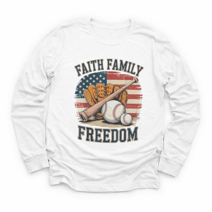 Faith Family Freedom Patriotic Christian Baseball Game Day Youth Long Sleeve Tee