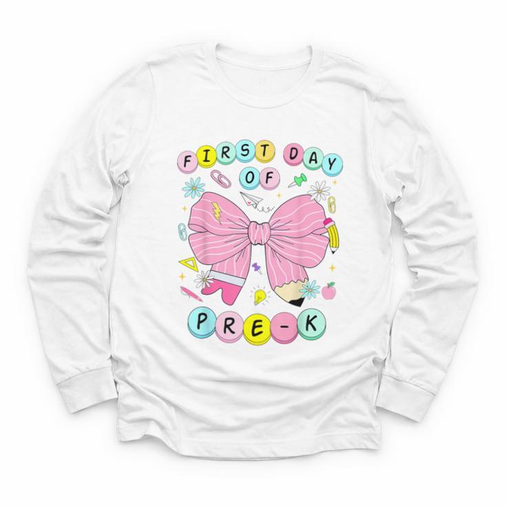 First Day Of Pre-K Girls Coquette Bow Back To School Kids Youth Long Sleeve Tee