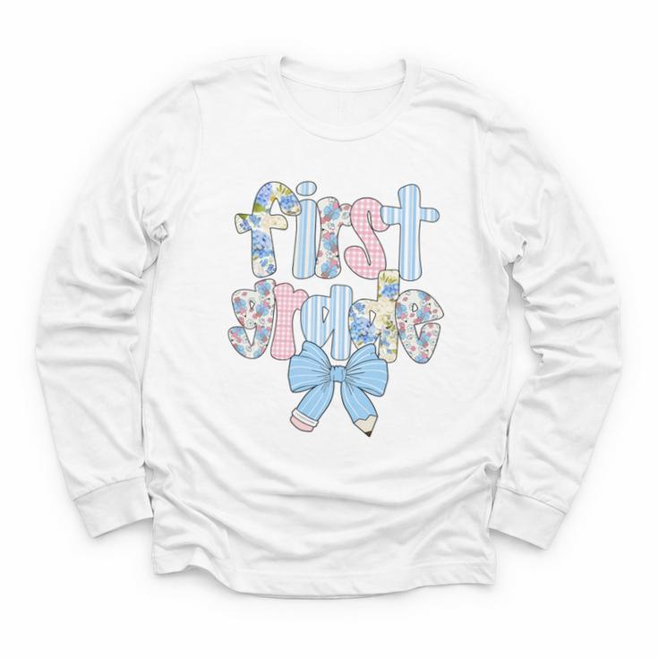 First Grade Coquette Bow Pencil First Day Back To School Performance Youth Long Sleeve Tee