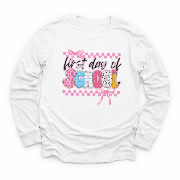 Girl First Day Of School Coquette Bow Pink Back To School Youth Long Sleeve Tee
