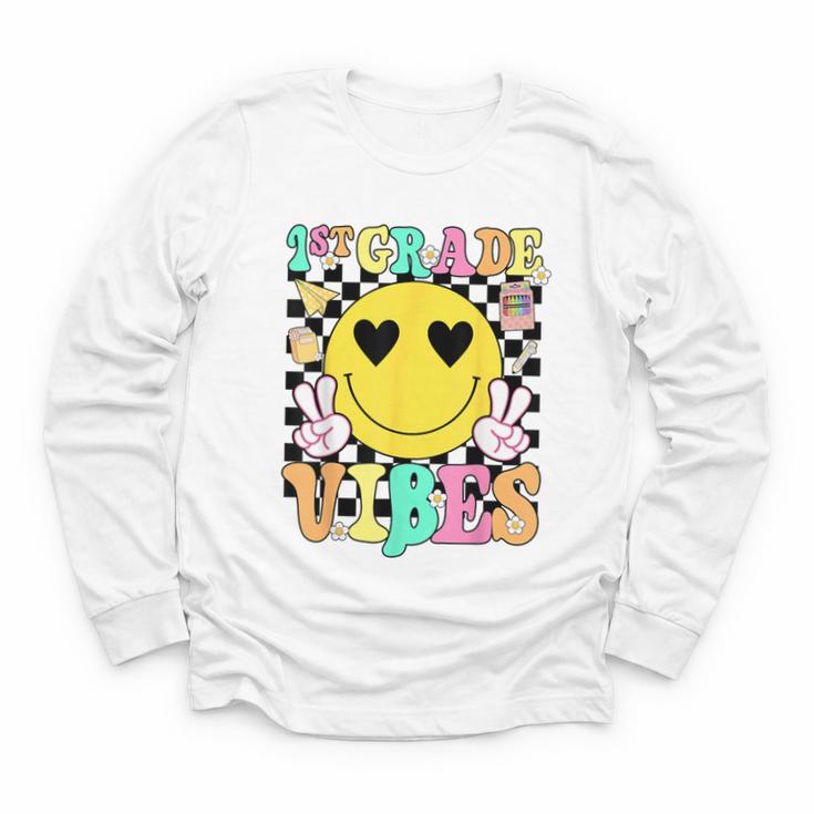 Girls 1st Grade Vibes Smile Face Back To School First Grade Youth Long Sleeve Tee Girls 1st Grade Vibes Smile Face Back To School First Grade Youth Long Sleeve Tee
