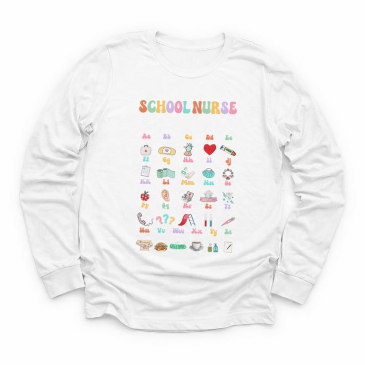 Groovy Cute ABC School Nurse Alphabet Back To School Women Youth Long Sleeve Tee