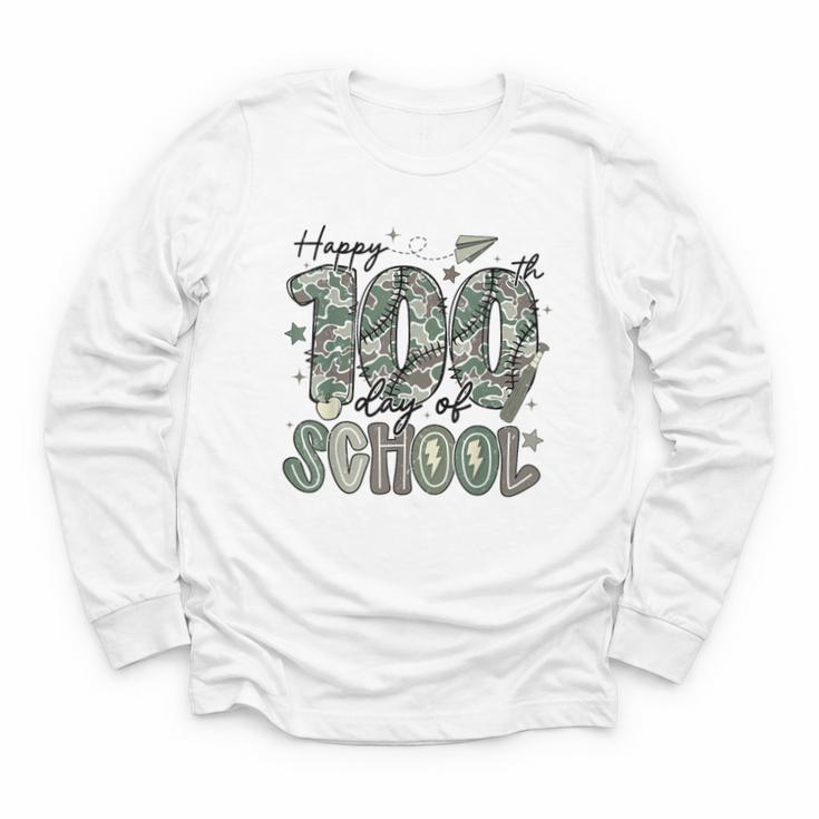 Happy 100th Day Of School Baseball Camo Boys Kids Toddler Youth Long Sleeve Tee