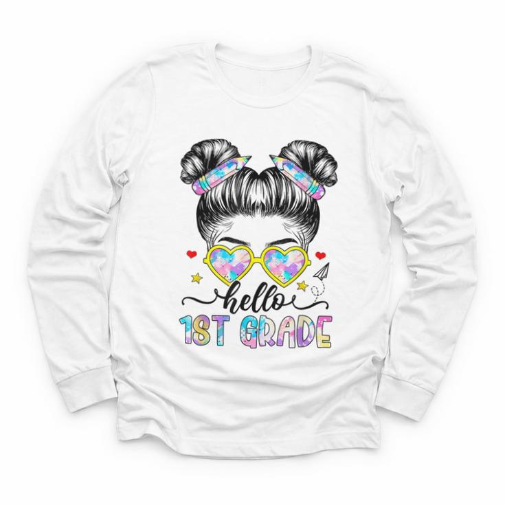 Hello 1st Grade Messy Bun Girl Back To School First Day Youth Long Sleeve Tee