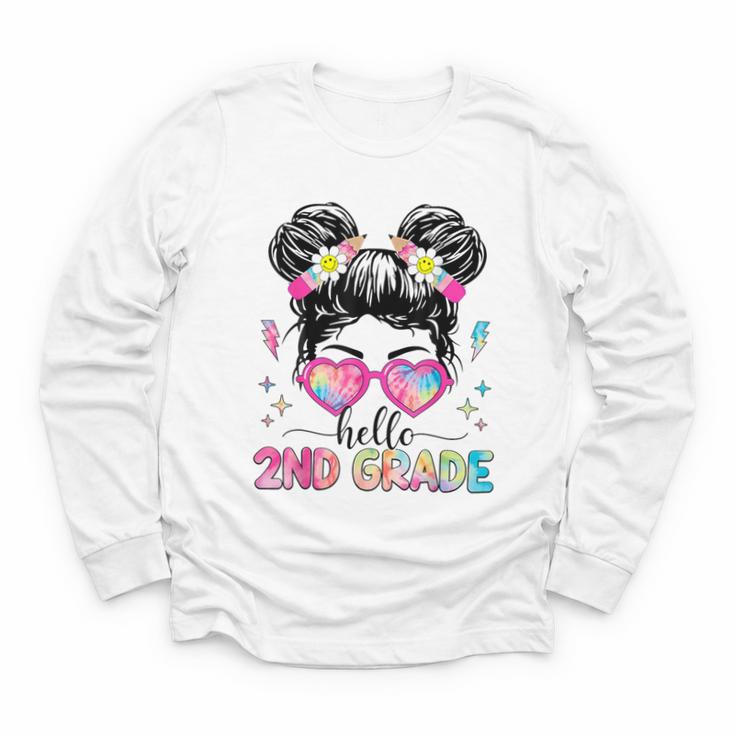 Hello 2nd Grade Messy Bun Back To School First Day Girl Kids Youth Long Sleeve Tee