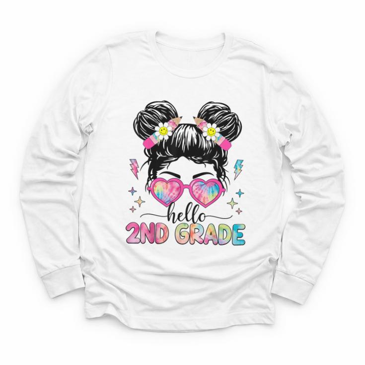 Hello 2nd Grade Messy Bun Girl Back To School First Day Youth Long Sleeve Tee