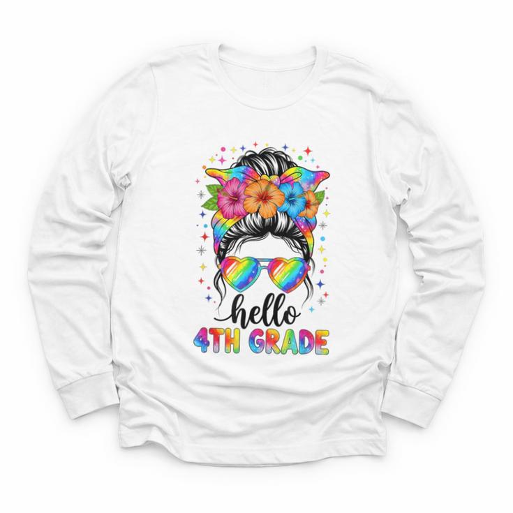 Hello 4th Grade Messy Bun Girls Back To School First Day Youth Long Sleeve Tee