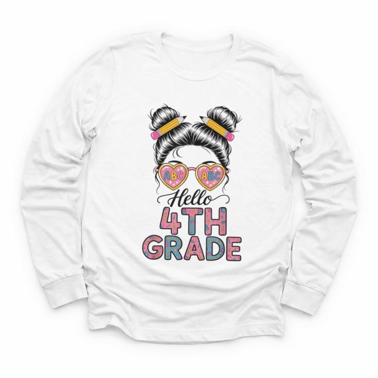Hello 4th Grade Messy Bun Hair Back To School Girls Youth Long Sleeve Tee