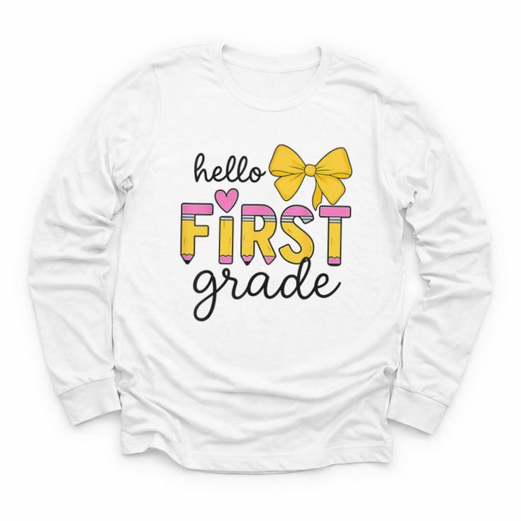 Hello First Grade For Girls Boys Cute Back To School Pencil Youth Long Sleeve Tee