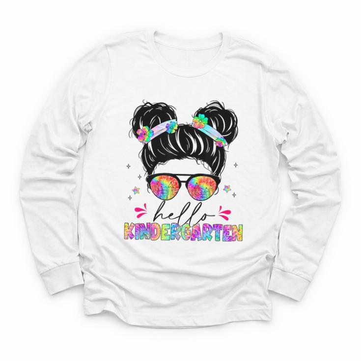 Hello Kindergarten Shirt Messy Bun Tie Dye Back To School Youth Long Sleeve Tee