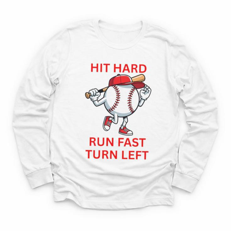 Hit Hard Run Fast Turn Left Baseball Player Premium Tri-Blend Youth Long Sleeve Tee