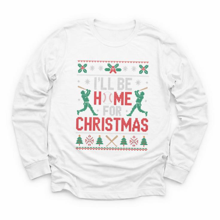 I’Ll Be Home For Christmas Baseball Ugly Sweater Art Youth Long Sleeve Tee