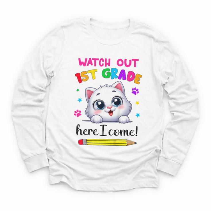 Kids Watch Out 1st Grade Here I Come Girls Cat Back To School Youth Long Sleeve Tee