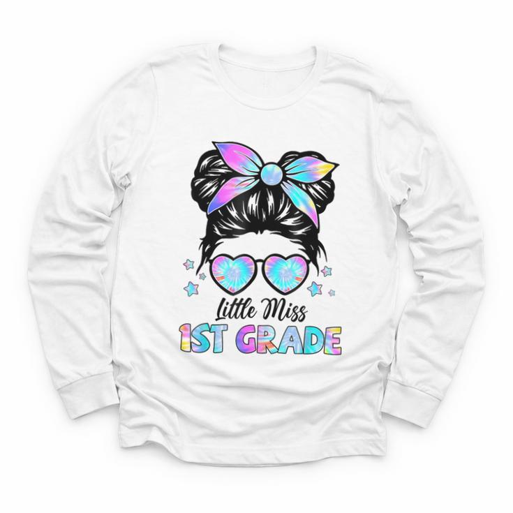Little Miss 1st Grade Messy Bun Back To School Girls Kids Youth Long Sleeve Tee