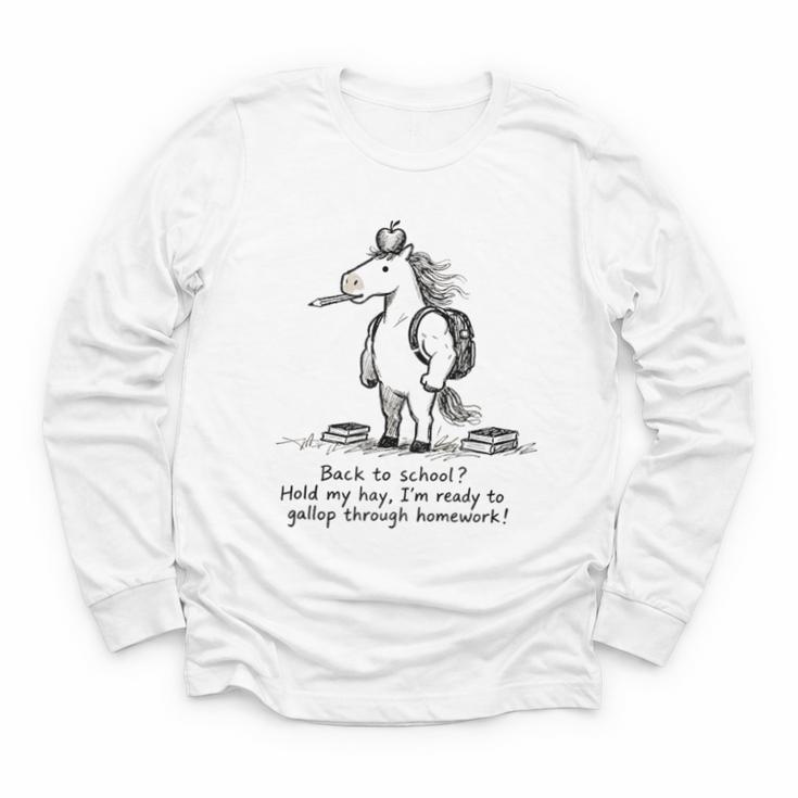 Naive Horse Doodle Back To School Gallop Homework Art Youth Long Sleeve Tee