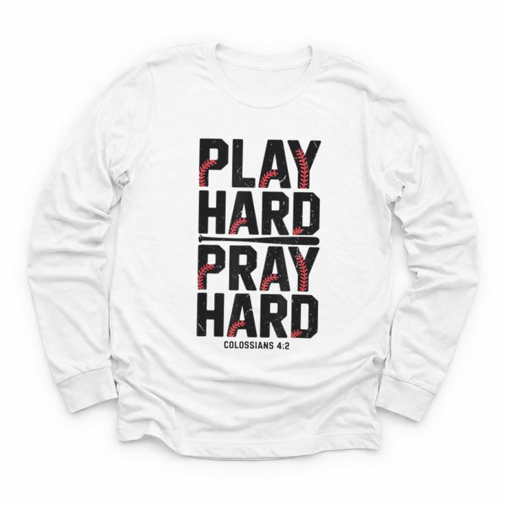 Play Hard Pray Hard Youth Boy Christian Baseball Jesus Youth Long Sleeve Tee