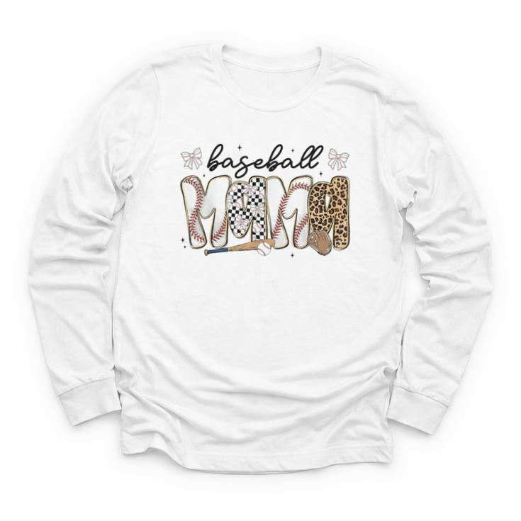 Preppy Baseball Mama Coquette Bow Game Day Mom Mother Youth Long Sleeve Tee