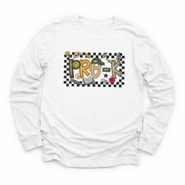 Retro Checkered Back To School Pre K Dude Cute Kid Preschool Youth Long Sleeve Tee