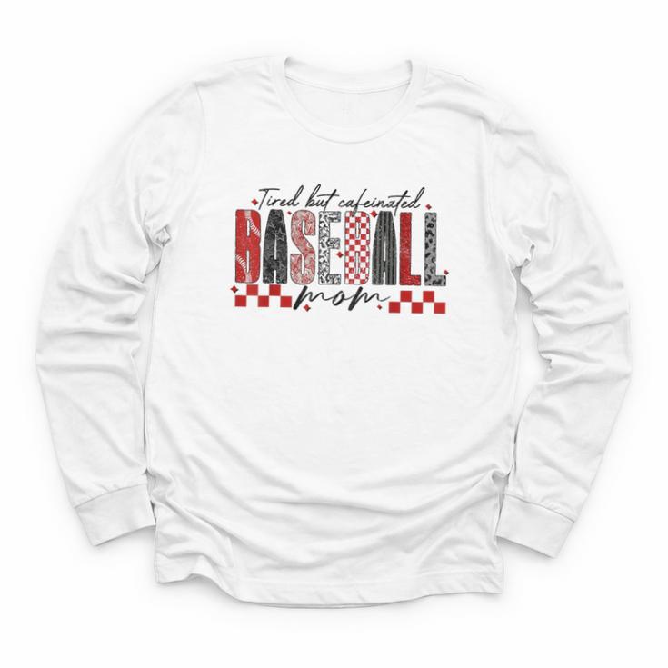 Retro Checkered Tired But Caffeinated Baseball Mom Leopard Youth Long Sleeve Tee