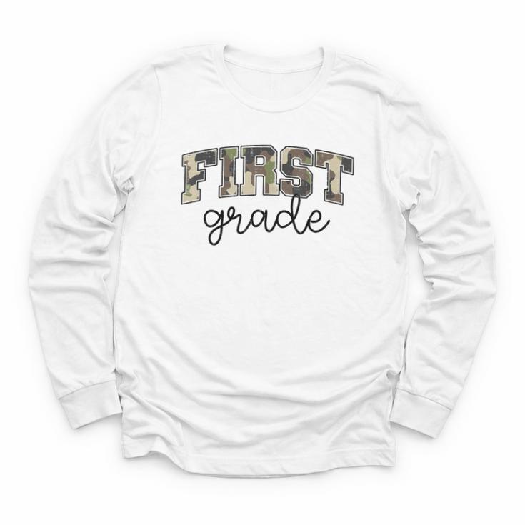 Retro First Grade Old Camo Back To School Boy Girl 1st Grade Youth Long Sleeve Tee
