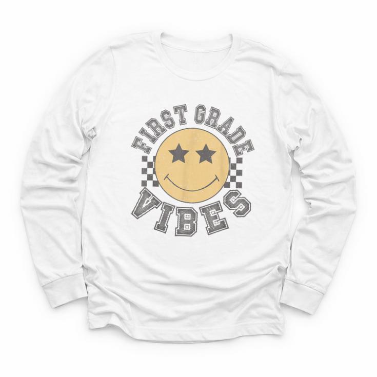 Retro First Grade Vibes Smile Face Back To School 1st Grade Youth Long Sleeve Tee