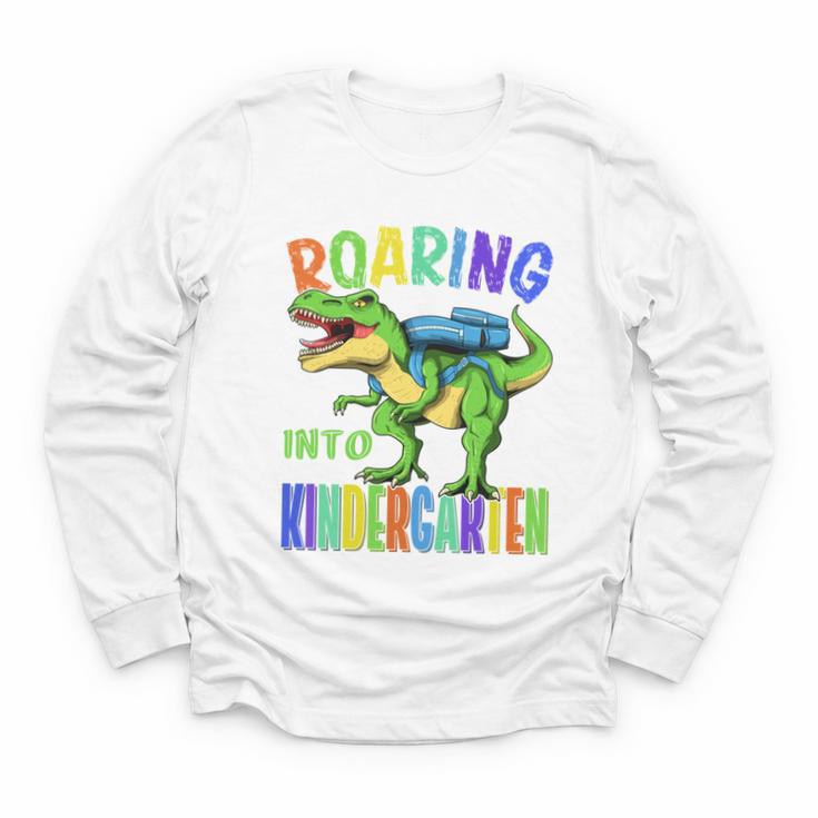 Roaring Into Kindergarten Dinosaur T Rex Back To School Boys Performance Youth Long Sleeve Tee