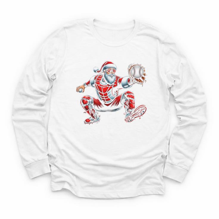 Santa Playing Baseball Catcher Merry Christmas Sport Player Youth Long Sleeve Tee