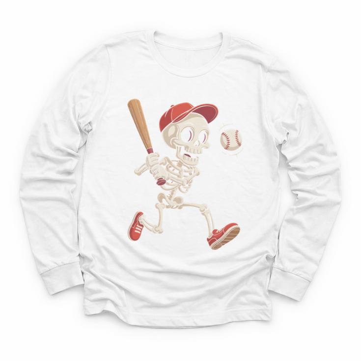 Skeleton Batting Baseball Halloween Boys Men Kids Youth Long Sleeve Tee