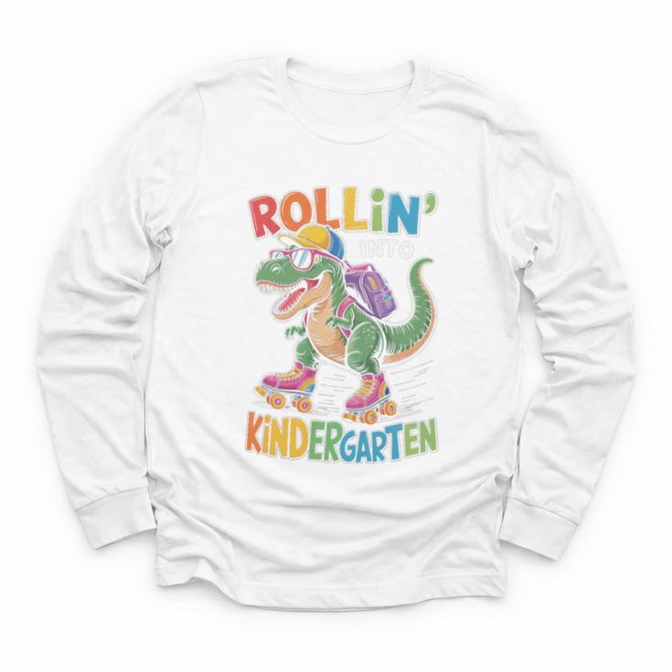 T Rex Rollin Into Kindergarten Back To School First Day Boys Youth Long Sleeve Tee