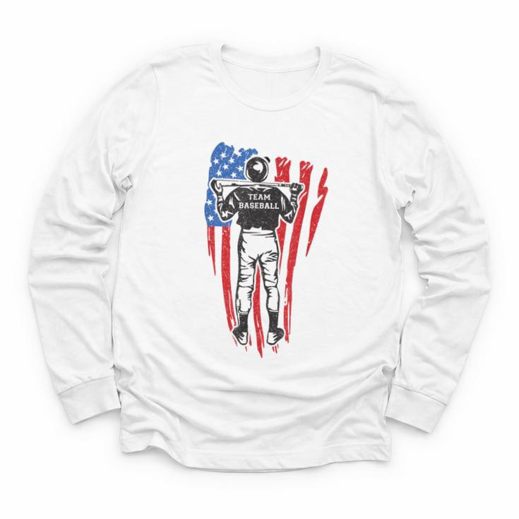 US Flag Baseball Player Batter Sport Lover Team Coach Family Youth Long Sleeve Tee