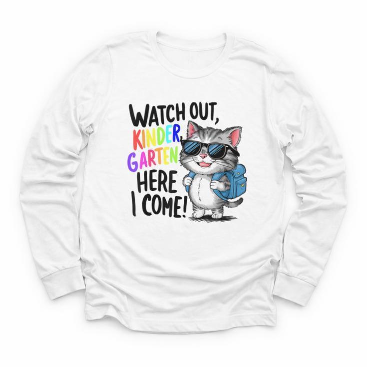 Watch Out Kindergarten Here I Come Cute Cat Back To School Youth Long Sleeve Tee