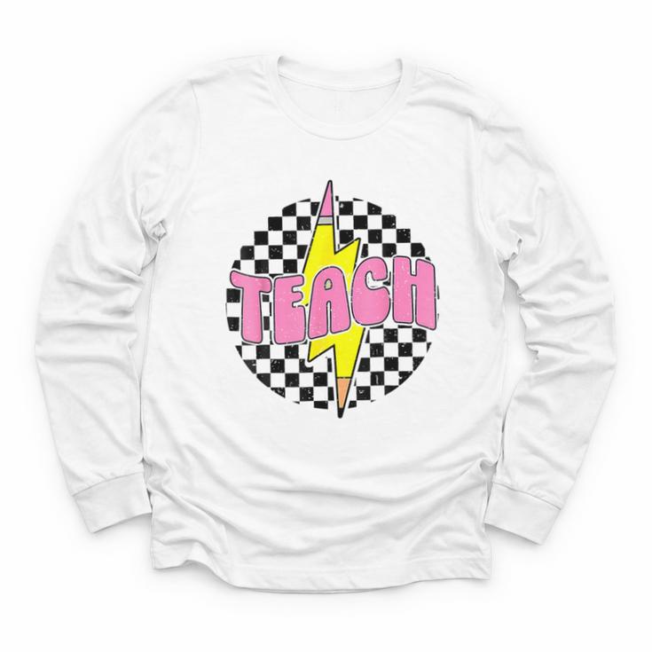 Women Checkered Teach Pencil Lightning Bolt Back To School Youth Long Sleeve Tee